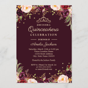 Gold Burgundy Elegant Floral Quinceanera Invitation