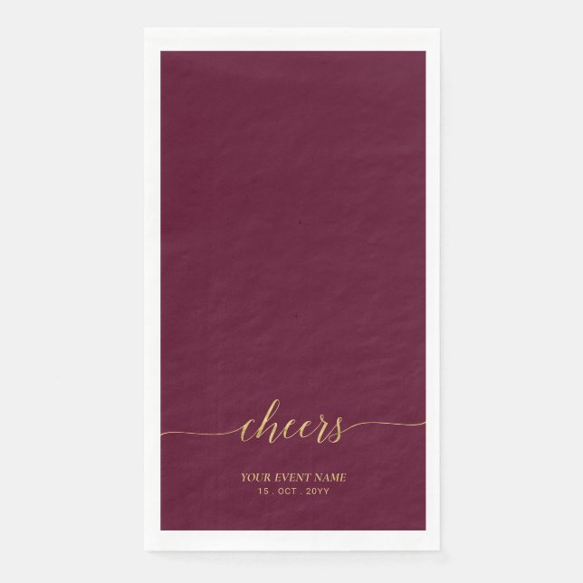 Gold & Burgundy | Elegant Lettering Cheers Custom Napkin (Front)
