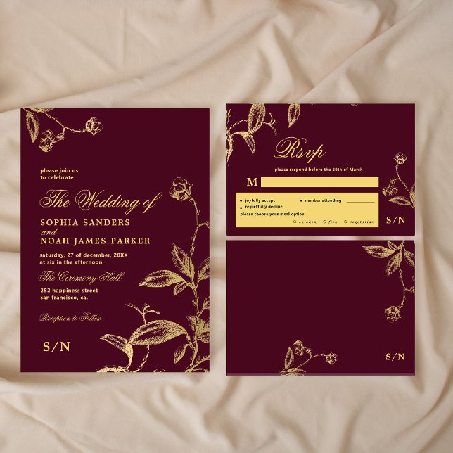 Gold burgundy elegant monogram meal choice wedding RSVP card (The invitation can be purchased separately)