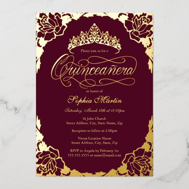 Gold Burgundy Elegant Script Quinceanera Birthday (Front)