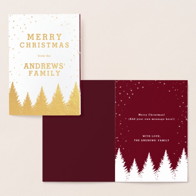 Gold Burgundy Falling Snow Winter Trees Christmas Foil Card (Display)