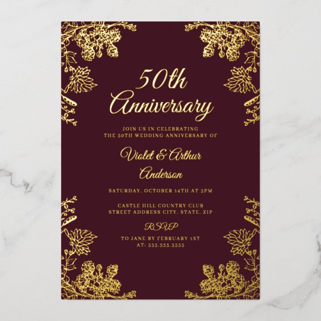Gold Burgundy Floral 50th Wedding Anniversary (Front)