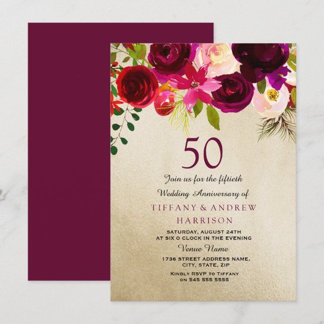 Gold & Burgundy Floral 50th Wedding Anniversary Invitation (Front/Back)