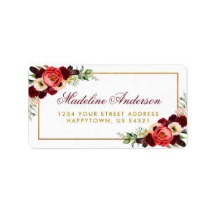 Gold Burgundy Floral Boho Wedding Address Label