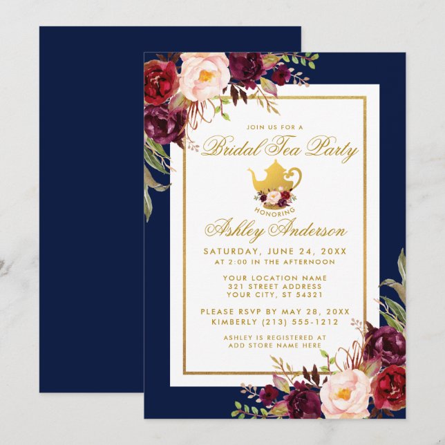 Gold Burgundy Floral Bridal Tea Party Blue Invite (Front/Back)