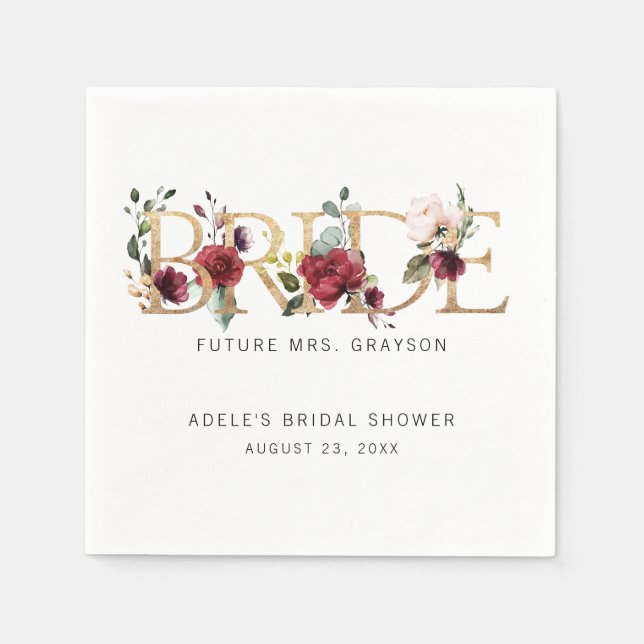 Gold Burgundy Floral BRIDE Bridal Shower Napkin (Front)