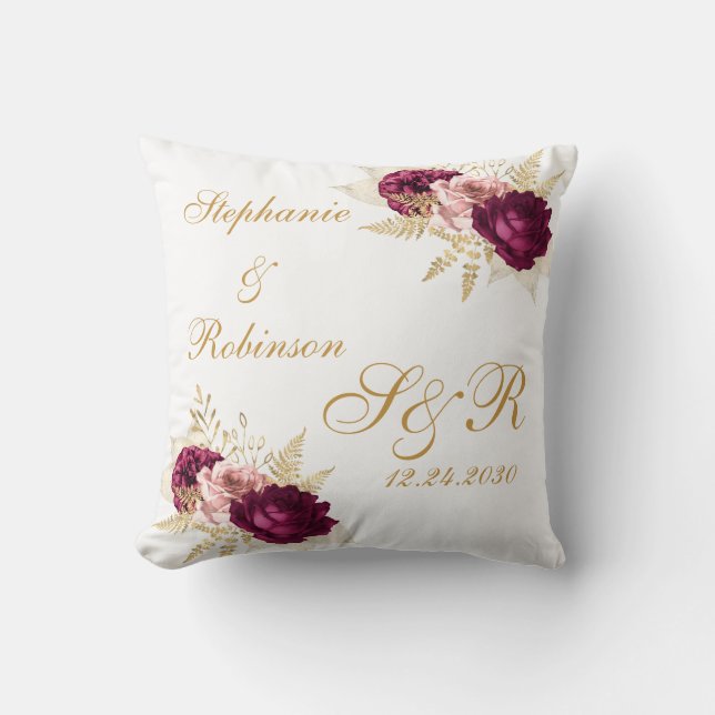 Gold Burgundy Floral Custom Monogram Wedding Gift Cushion (Front)