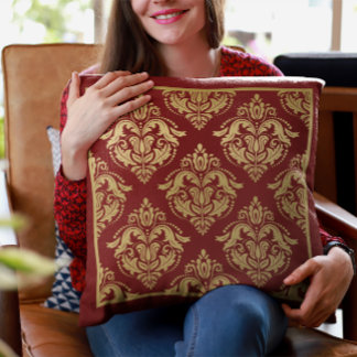 Gold & Burgundy Floral Damasks Geometric Pattern Cushion
