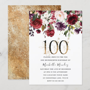 Gold Burgundy Floral Elegant 100th Birthday Party Invitation