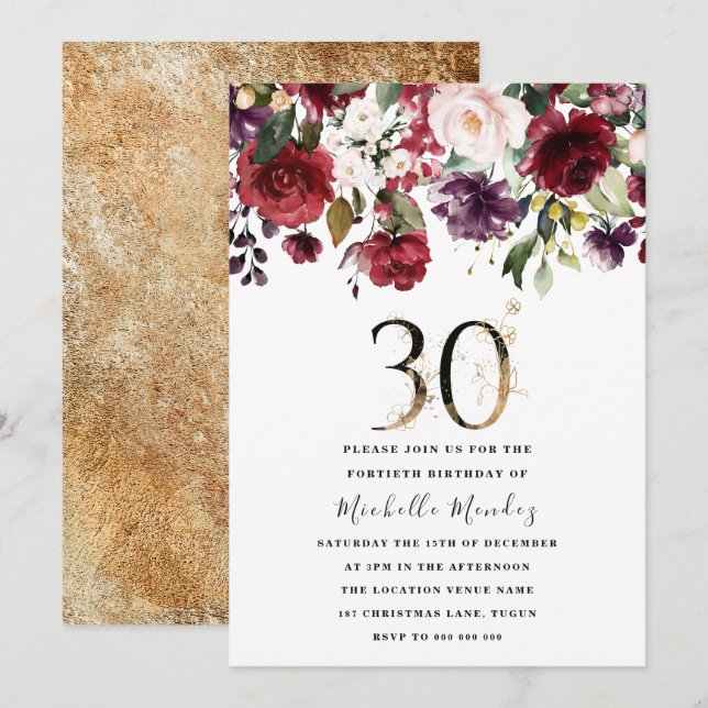 Gold Burgundy Floral Elegant 30th Birthday Party Invitation (Front/Back)