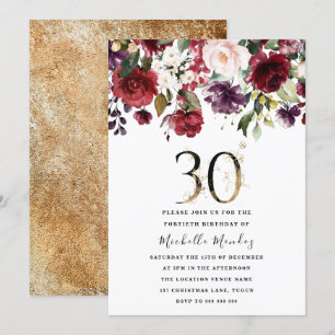 Gold Burgundy Floral Elegant 30th Birthday Party Invitation