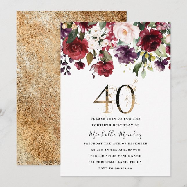 Gold Burgundy Floral Elegant 40th Birthday Party Invitation (Front/Back)