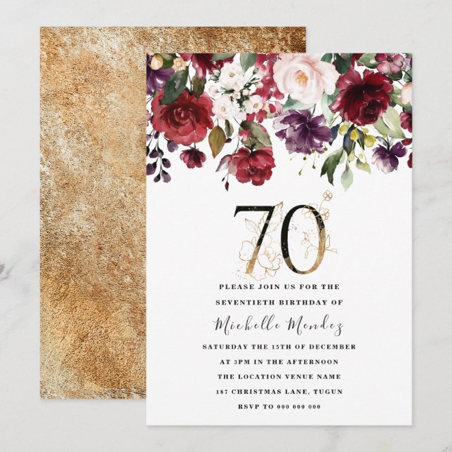 Gold Burgundy Floral Elegant 70th Birthday Party Invitation (Front/Back)