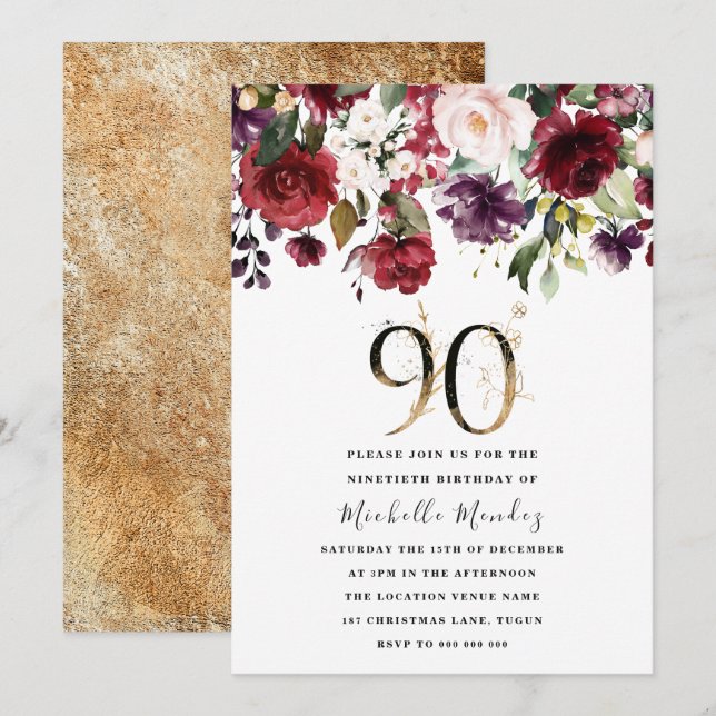 Gold Burgundy Floral Elegant 90th Birthday Party Invitation (Front/Back)