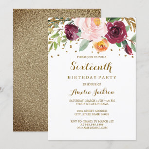 Gold Burgundy Floral Glitter 16th Birthday Party Invitation