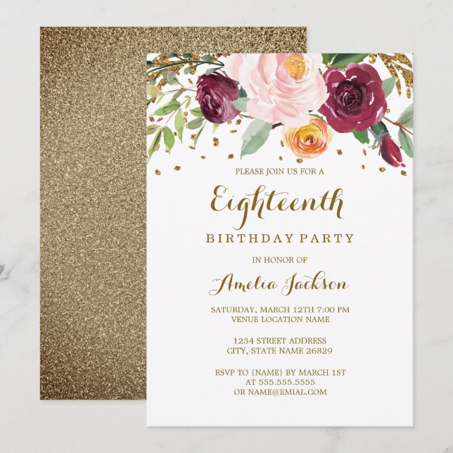 Gold Burgundy Floral Glitter 18th Birthday Party Invitation (Front/Back)