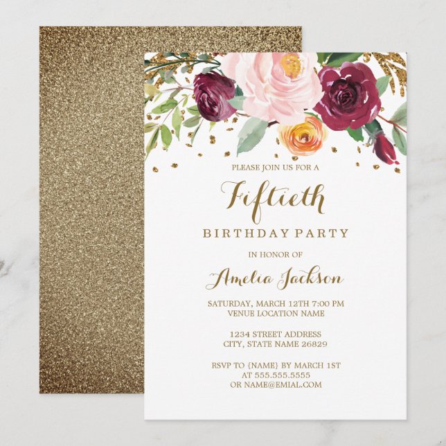 Gold Burgundy Floral Glitter 50th Birthday Party Invitation (Front/Back)