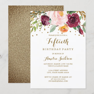 Gold Burgundy Floral Glitter 50th Birthday Party Invitation