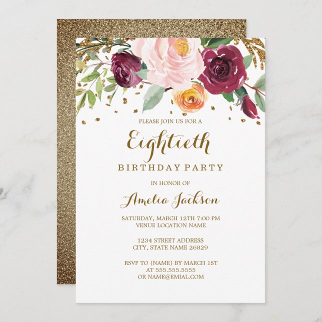 Gold Burgundy Floral Glitter 80th Birthday Party Invitation (Front/Back)