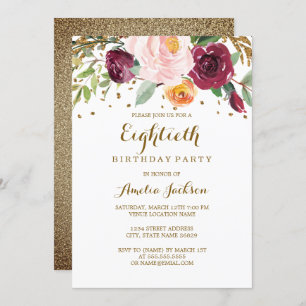 Gold Burgundy Floral Glitter 80th Birthday Party Invitation