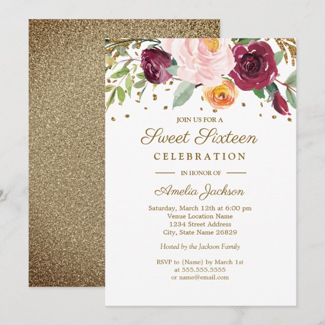 Gold Burgundy Floral Glitter Sweet Sixteen Invitation (Front/Back)