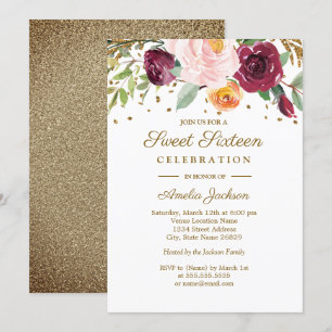 Gold Burgundy Floral Glitter Sweet Sixteen Invitation
