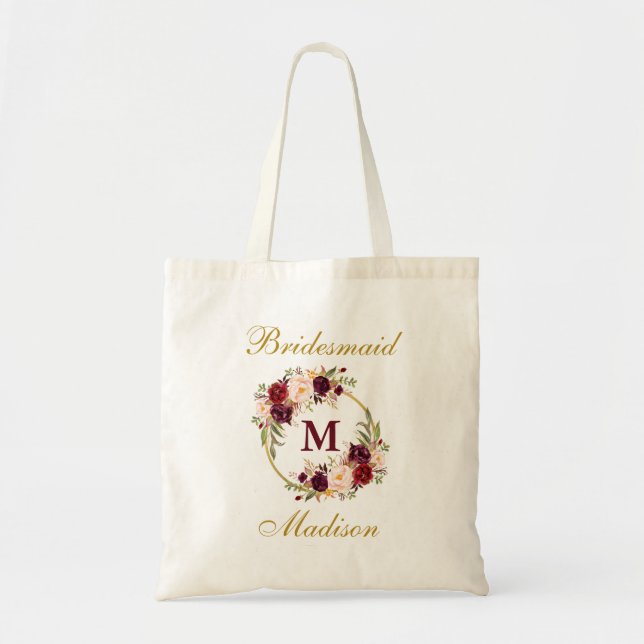 Gold Burgundy Floral Monogram Bridesmaid Tote Bag (Front)