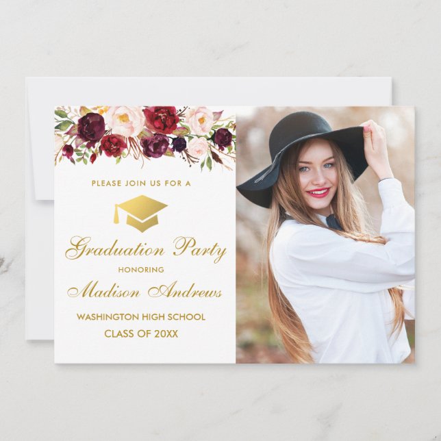 Gold Burgundy Floral Photo Graduation Party Invite (Front)