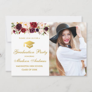 Gold Burgundy Floral Photo Graduation Party Invite