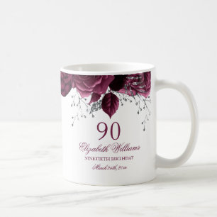 Gold Burgundy Floral Rose 90th Birthday Coffee Mug