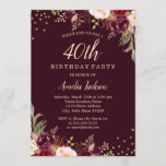 Gold Burgundy floral Sparkle 40th Birthday Party Invitation<br><div class="desc">More pretty Floral Birthday Invitations in the Little Bayleigh Store!</div>