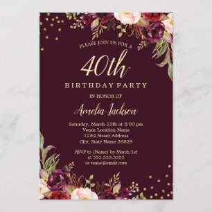 Gold Burgundy floral Sparkle 40th Birthday Party Invitation