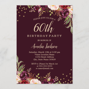Gold Burgundy floral Sparkle 60th Birthday Party Invitation