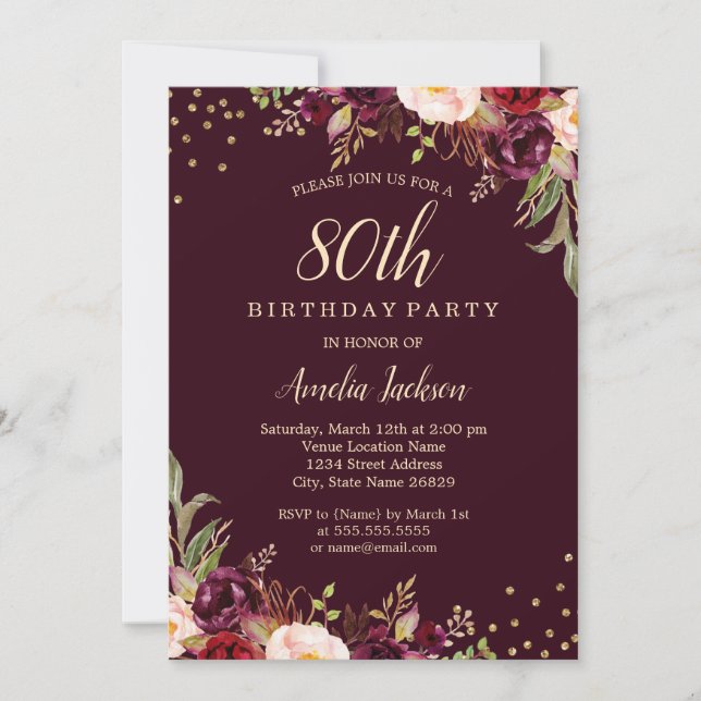 Gold Burgundy floral Sparkle 80th Birthday Party Invitation (Front)