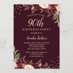 Gold Burgundy floral Sparkle 90th Birthday Party Invitation
