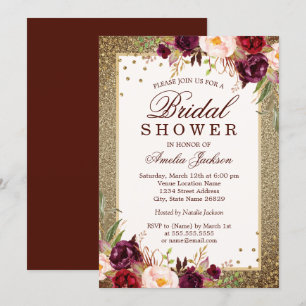 Gold Burgundy floral Sparkle Bridal Shower Invitation