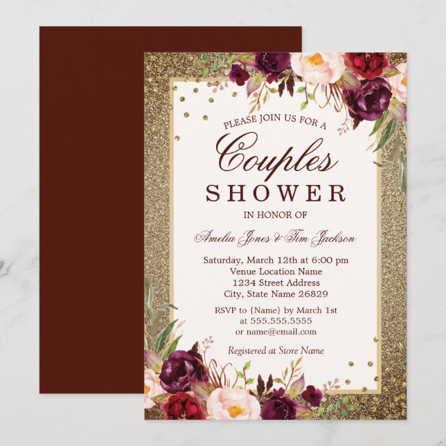 Gold Burgundy floral Sparkle Couples Shower Invitation (Front/Back)