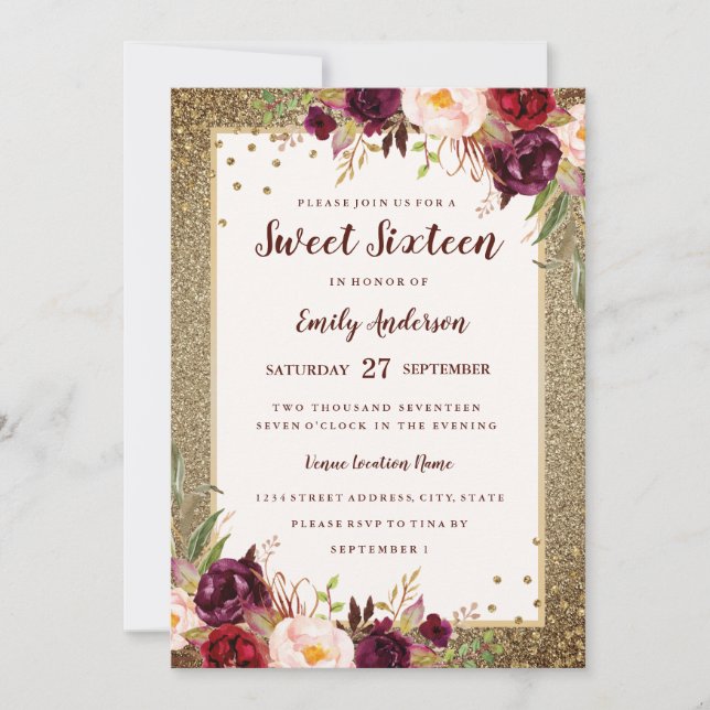 Gold Burgundy floral Sparkle Sweet Sixteen Invite (Front)