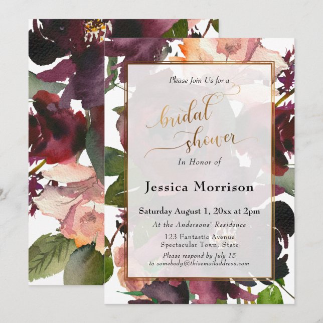 Gold & Burgundy Floral Watercolor Bridal Shower Invitation (Front/Back)