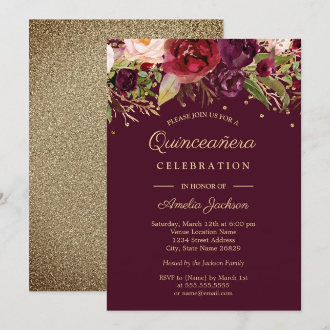 Gold Burgundy Floral Watercolor Quinceanera Invite (Front/Back)