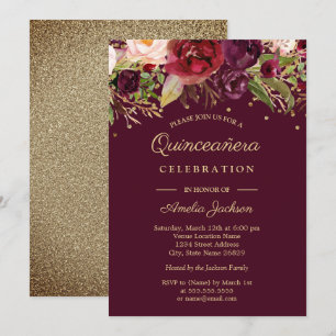 Gold Burgundy Floral Watercolor Quinceanera Invite