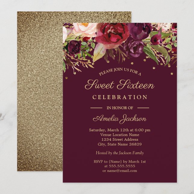 Gold Burgundy Floral Watercolor Sweet Sixteen Invitation (Front/Back)