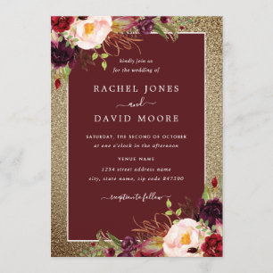Gold Burgundy Floral Watercolor Wedding Invite