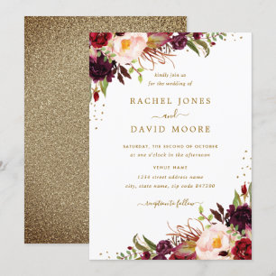 Gold Burgundy Floral Watercolor Wedding Invite