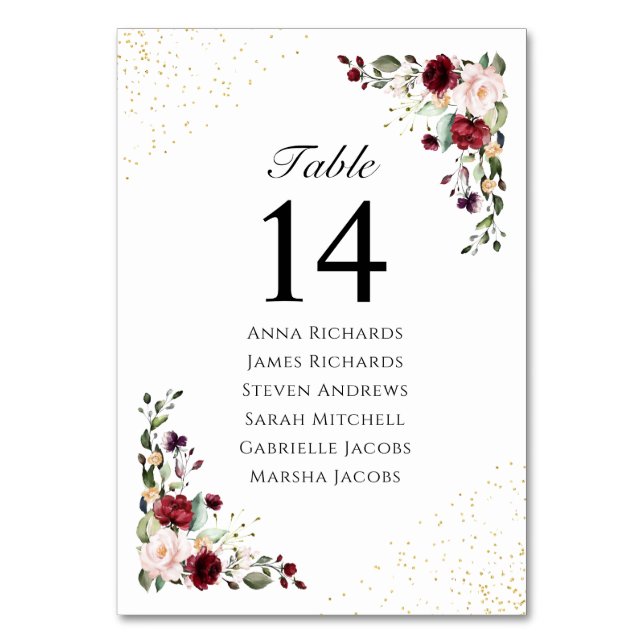 Gold Burgundy Floral Wedding Reception Seating Table Number (Front)