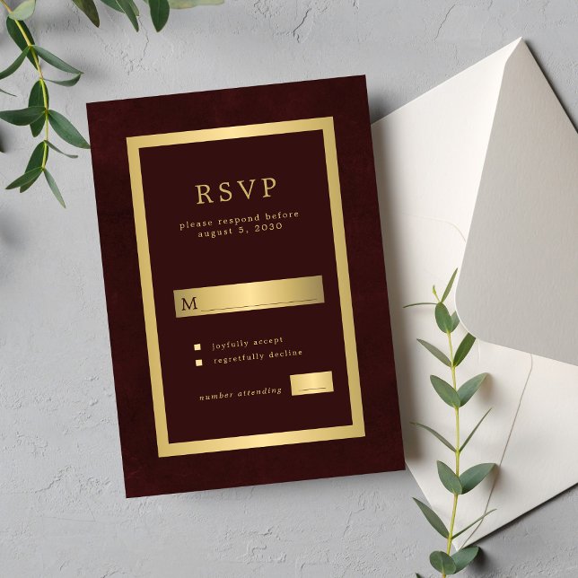 Gold burgundy formal wedding modern typography RSVP card (Creator Uploaded)