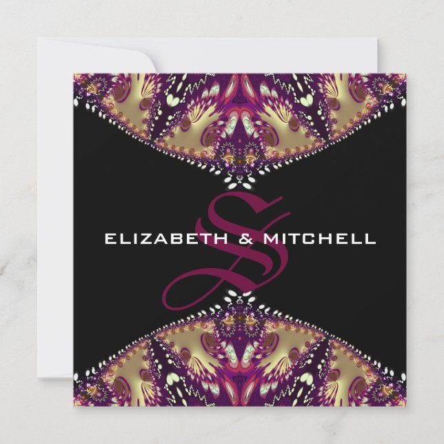 Gold Burgundy Fractal Lace Monogram Wedding Invitation (Front)