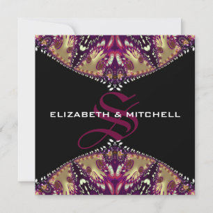 Gold Burgundy Fractal Lace Monogram Wedding Invitation