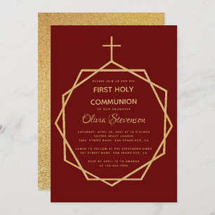 Gold Burgundy Girl First Holy Communion Geometric Invitation