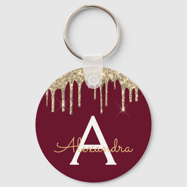 Gold Burgundy Girly Sparkly Glitter Monogram Key Ring (Front)